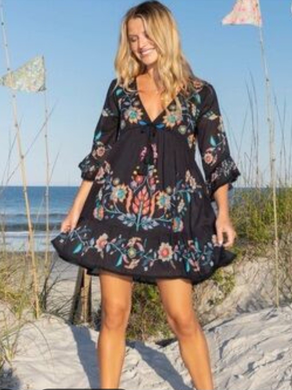 Natural Life "Capri" black floral embroidered V-neck dress with colorful floral